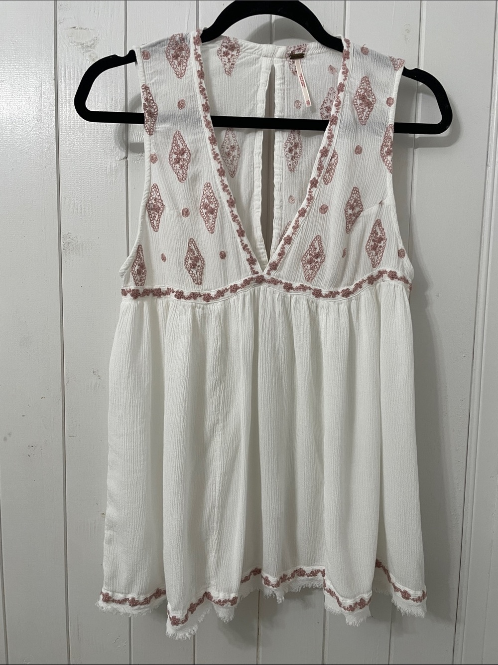 Free People White Sleeveless Embroidered V-Neck Peasant Top